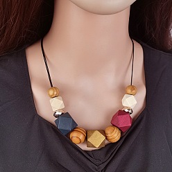 Gold Wooden Octagon Round Graduated Beaded Necklaces for Women, with Imitation Leather Cord, Golden, Gold, 19.69 inch(50cm)