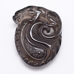 Black Natural Ice Crystal Obsidian Carven Pendants, Qilin, Black, 44x35x12mm, Hole: 1mm