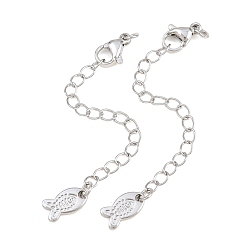 Platinum Brass Curb Chain Extender, End Chains with Lobster Claw Clasps and Fish Charms, Platinum, 71mm, Hole: 2.4mm