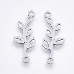 Stainless Steel Color Tarnish Resistant 201 Stainless Steel Links connectors, Laser Cut Links, Branch with Leaf, Stainless Steel Color, 25x10x1mm, Hole: 1.5mm