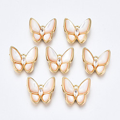 Real 18K Gold Plated Brass Micro Pave Clear Cubic Zirconia Pendants, with White Sea Shell, Nickel Free, Butterfly, Real 18K Gold Plated, 16x16.5x5mm, Hole: 1.8mm and 0.8mm