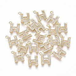 Letter H Brass Cubic Zirconia Charms, Letter, Clear, Real 18K Gold Plated, Letter.H, 10x9x1.5mm, Hole: 1mm