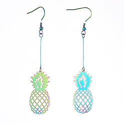 Rainbow Color 201 Stainless Steel Dangle Earrings, Etched Metal Embellishments, Pineapple, Rainbow Color, 85mm, Pin: 0.7mm