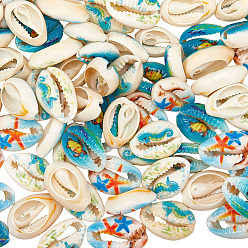 (52) Непрозрачная лаванда 80 бусины из натуральной раковины каури с принтом, нет отверстий / незавершенного, с рисунком морских организмов, разноцветные, 18~22x13~14x6~8 мм