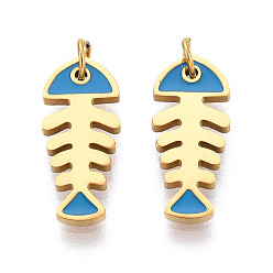 Озёрно--синий 304 нержавеющей стальной эмали подвески, с целью перехода в кольце, реальный 18 k позолоченный, очарование рыбьей кости, ионное покрытие (ip), Плут синий, 16x7x1.5 мм, отверстие : 2.5 мм