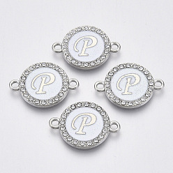 Letter P Verbindungsstücke aus Aluminium, mit Kristall Strass, flach rund mit Brief, Silberfarbe überzogen, letter.p, 22x16x2 mm, Bohrung: 1.8 mm
