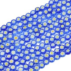 Королевский синий Ручной Millefiori стеклянные плоские круглые нити бисера, один цветочный дизайн, королевский синий, 6x2.5 мм, отверстие : 1 мм, около 64~68 шт / нитка, 14.5~15 дюйм