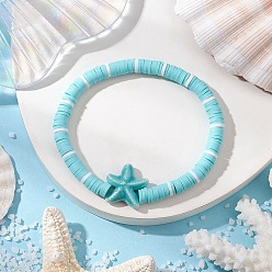 Морская звезда Плоские круглые браслеты ручной работы из полимерной глины heishi с бусинами, составные браслеты для женщин, с синтетической бирюзовой крошкой и фарфором, морская звезда, внутренний диаметр: 2 дюйм (5.2 см)