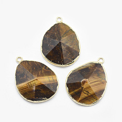 Тигровый глаз Природных тигровый глаз подвески, с латунной фурнитурой , граненые, слеза, золотые, 31~35x20~25x7~9 мм, отверстие : 2.5 мм