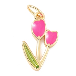 Ярко-Розовый Латунные подвески, с эмалью, без свинца и без кадмия, реальный 18 k позолоченный, тюльпан, ярко-розовый, 19x11x2 мм