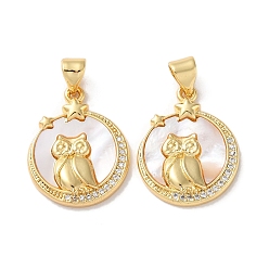 Плоский Круглый Латунные микропаве прозрачные подвески с фианитом, без кадмия и без свинца, с оболочкой, реальный 18 k позолоченный, сова, плоско-круглые, 20.5x16x3.5 мм, отверстие : 5.5x3.5 мм