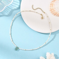 Golden Natural Amazonite Faceted Teardrop Pendant Necklaces, Natural Cultured Freshwater Pearl Rice Beaded Necklaces for Women, Golden, 15.55 inch(39.5cm)