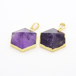 Amethyst Natural Amethyst Gemstone Hexagon Pendants, with Golden Plated Brass Finding, Faceted, 30x29x12mm, Hole: 5x8mm