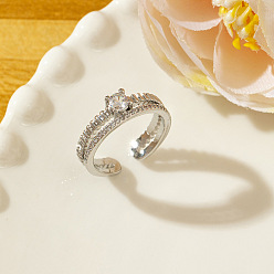 Round Brass Micro Pave Cubic Zirconia Cuff Open Rings for Women, Platinum, Round, 15~20mm