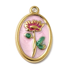 Настоящее золото 18K 304 прелести нержавеющей стали, овал с цветочными подвесками, с эмалью и стразами, ионное покрытие (ip), реальный 18 k позолоченный, 17.5x11.5x2 мм, отверстие : 1.2 мм
