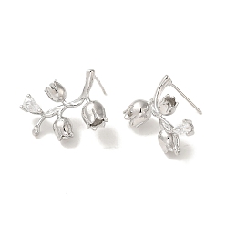 Платина Серьги-гвоздики из латуни с прозрачным фианитом, без кадмия, без никеля и без свинца, цветок, платина, 19.5x15.5 мм, отверстие : 1.4 мм, штифты : 0.5x14 мм