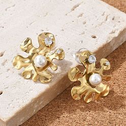 Цветок 304 серьги-гвоздики из нержавеющей стали с прозрачным фианитом, с пластиковой имитационной жемчужиной, реальный 18 к глод, цветок, 24.5x22.5 мм