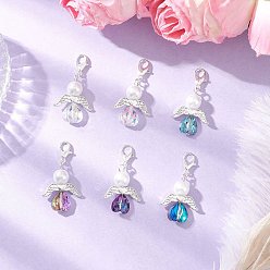 (52) Непрозрачная лаванда Подвеска в форме сердца ангела из стекла и стеклянного жемчуга, с цинковым сплавом застежками омаров коготь, разноцветные, 38 мм, Кулон : 25x20x8 мм