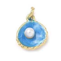 Синий Оболочка латунные амулеты, с абс пластмассовой имитационной жемчужиной, реальный 18 k позолоченный, без кадмия и без свинца, с целью перехода в кольце, синие, 14.5x13x5 мм, отверстие : 3 мм