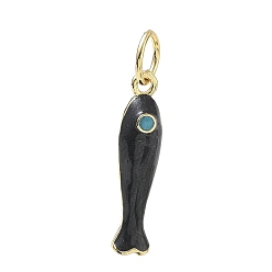 Negro Colgantes de esmalte de bronce, encantos de pescado, con anillo de salto, larga duración plateado, chapado en rack, sin plomo y el cadmio, real 18 k chapado en oro, negro, 27x6x7 mm, agujero: 6 mm