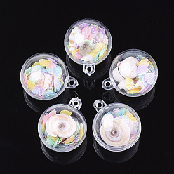 Colorful Openable Transparent Plastic Container Pendants, with Shell and Sequins, Round, Colorful, 36.5x30~30.5x30~30.5mm, Hole: 2.5mm