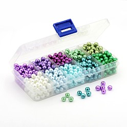 Mixed Color 1Box Mixed Style Round Glass Pearl Beads, Dyed, Mixed Color, 6mm, Hole: 1mm, about 50pcs/compartment, about 500pcs/box