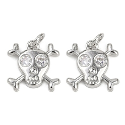 Платина Латунные микропаве прозрачные подвески с фианитом, без кадмия и без свинца, череп прелести, с целью перехода в кольце, платина, 13.5x13x2 мм, отверстие : 3 мм