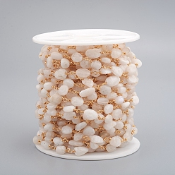 Golden Handmade Natural Rainbow Moonstone Tumbled Stone Beaded Chains, Unwelded, with Brass Findings and Spool, Golden, Beads: 7~10.5x6~6.5x4~5.5mm, about 3.28 Feet(1m)/roll
