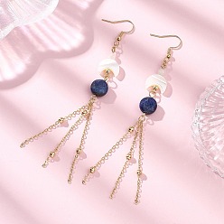 Ляпис-Лазурь Серьги-подвески из натурального лазурита круглой формы с луной, с 304 крючками для сережек из нержавеющей стали и раковиной-трохусом, золотые, 109x12 мм