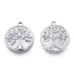 Couleur Acier Inoxydable Pendentifs en acier inoxydable anti-ternissement, plat et circulaire avec arbre de vie, couleur inox, 304mm, Trou: 18x15.5x2mm