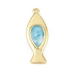 Blue Brass Pendants, Fish Charms, with Enamel, Cadmium Free & Lead Free, Rack Plating, Long-Lasting Plated, Real 18K Gold Plated, Blue, 28x10x3mm, Hole: 1.5mm