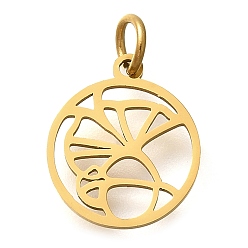 Настоящее золото 18K 304 прелести нержавеющей стали, с целью перехода в кольце, плоский круглый с подвеской в виде листьев, лазерная резка, ионное покрытие (ip), реальный 18 k позолоченный, 14x12x1 мм, отверстие : 3 мм