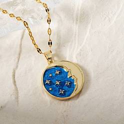 Луна Женские подвески из латуни с блестящими прозрачными кубическими цирконами и синей эмалью, золотые, луна, 15.75 дюйм (40 см)