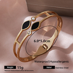 Horse Eye 304 Stainless Steel Black Enamel Hinged Cuff Bangles with Crystal Rhinestone for Women, Golden, Horse Eye, Inner Diameter: 2.36 inch(6cm)
