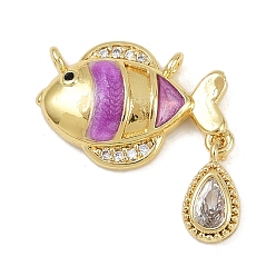 Средняя Орхидея Латунные микро проложить кубического циркония подвески, без кадмия и без свинца, с эмалью, подвески в виде рыбок и слезинок, реальный 18 k позолоченный, средне орхидеи, 20x20.5x3.5 мм, отверстие : 1.2 мм