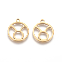 Телец 201 подвески из нержавеющей стали, ручная полировка, кольцо с двенадцатью созвездиями, золотые, Телец, 18x16x1.5 мм, отверстие : 1.6 мм