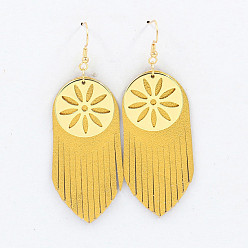 Золотистый Богемные серьги-подвески из сплава и овечьей шкуры с кисточками, плоские круглые с цветочным узором, золотые, золотые, 82 мм