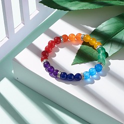 Colorful Natural Malaysia Jade(Dyed) Round Beads Stretch Bracelet, 7 Chakra Jewelry for Girl Women, Colorful, Inner Diameter: 2-1/8 inch(5.4cm)