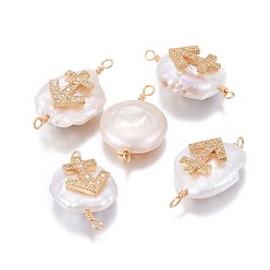 Sagittarius Natural Pearl Links connectors, with Brass Micro Pave Cubic Zirconia Findings, Flat Round with Constellation, Golden, Clear, Sagittarius, 20~26x9~17x5~11mm, Hole: 1.6mm