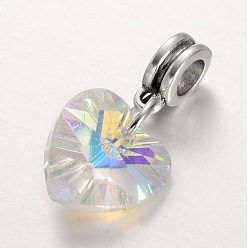 Прозрачный Европейские подвески из сплава с большими отверстиями, с гальваническим стеклянными подвесками сердца, античное серебро, прозрачные, 25 мм, отверстие : 5 мм