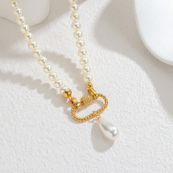 Oval Женские бусы-подвески из искусственного жемчуга в форме капли и нержавеющей стали, белые, золотые, овальные, 304 дюйм (15.94 см), Кулон : 40.5 мм