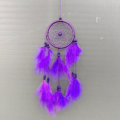 Фуксин Тканая паутина/сетка с подвесными украшениями из перьев, плоский круглый для интерьера комнаты украшение дома, фуксиново-красные, 500x110 мм