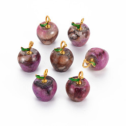Темная Орхидея Натуральная карта камень / камень пикассо / подвески пикассо яшма, с латунью золотистого цвета и зеленой эмалью, окрашенные, яблоко, темные орхидеи, 18~19x14 мм, отверстие : 2x4 мм