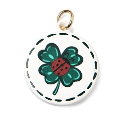 Клевер Печать 304 подвески из нержавеющей стали, зелёные, золотые, плоский круг с подвеской в виде клевера, 25x21.5x3.5 мм, Перейти кольцо: 6x1 мм, внутренний диаметр: 4 мм