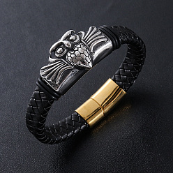 Античный Серебристый & Золотой Плетеный пу кожаные браслеты, 304 Браслеты с подвесками в виде совы из нержавеющей стали для мужчин, с магнитными застежками, старинное серебро & золотой, 8.66 дюйм (22 см)