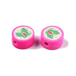 Deep Pink Handmade Polymer Clay Beads, Flat Round with Butterfly, Deep Pink, 9~9.5x4.5~5mm, Hole: 1.5~1.8mm