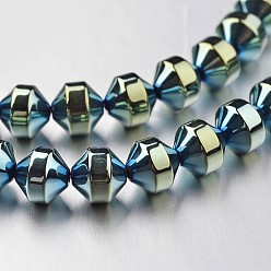 Зеленое Покрытие Гальванизировать немагнитных синтетический гематит нитей бисера, двухконусные, зеленый покрытием, 6x6 мм, отверстие : 1 мм, около 61 шт / нитка, 15.7 дюйм