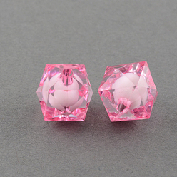 Hot Pink Transparent Acrylic Beads, Bead in Bead, Faceted Cube, Hot Pink, 10x9x9mm, Hole: 2mm, about 1050pcs/500g