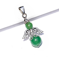 Зеленый Авантюрин Естественный зеленый авантюрин подвески, антикварные подвески-ангелы из сплава серебра, 30x20 мм