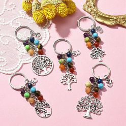 Mixed Stone 7 Chakra Gemstone Bead Pendant Keychain with Tibetan Style Alloy Tree of Life Charm, for Car Key Bag Ornament, 8.5~9.6cm